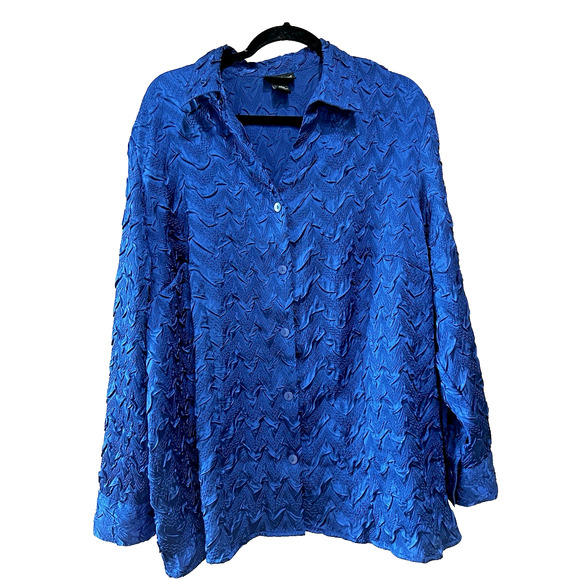 Maggie Barnes Blouse button down 1X 18/20 Crinkle Textured Blue festive casual - Picture 2 of 7